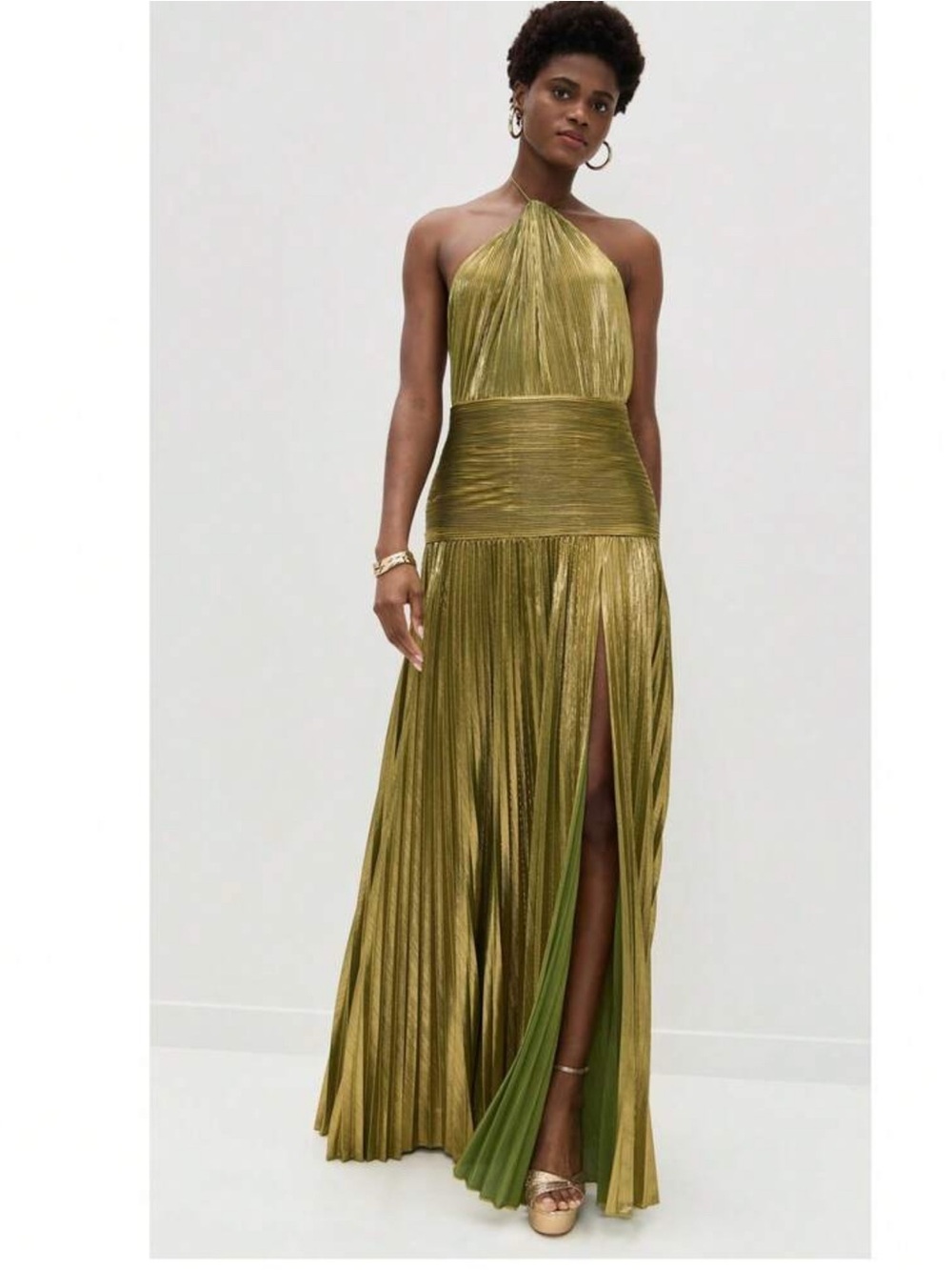 Gold One-Shoulder Pleated Maxi Dress with Halter Neck - Picture 2 of 6